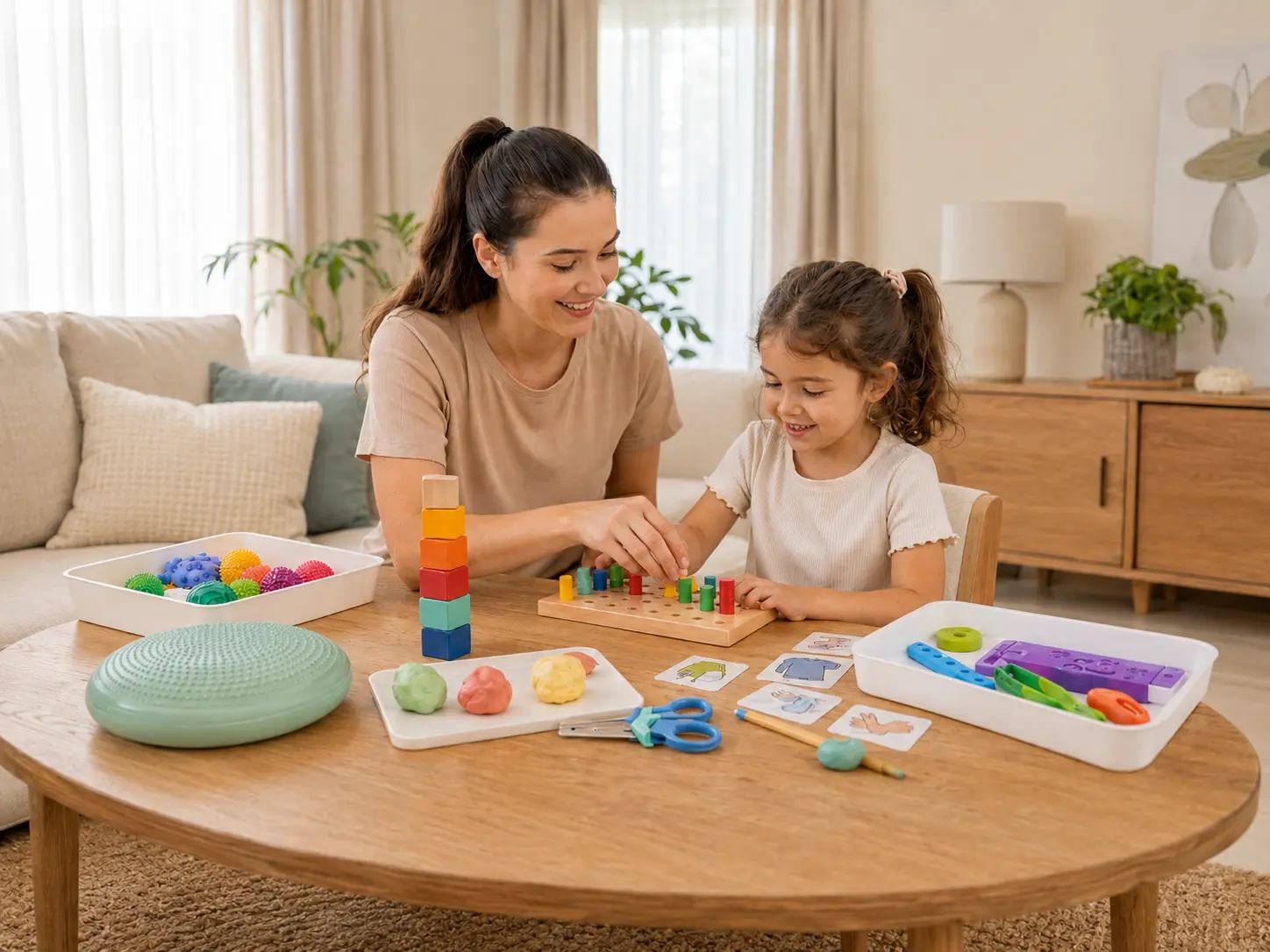 TLK Care occupational therapist guiding a young girl through a fine motor and sensory activity using colourful pegs, picture cards and therapy tools in Sydney.