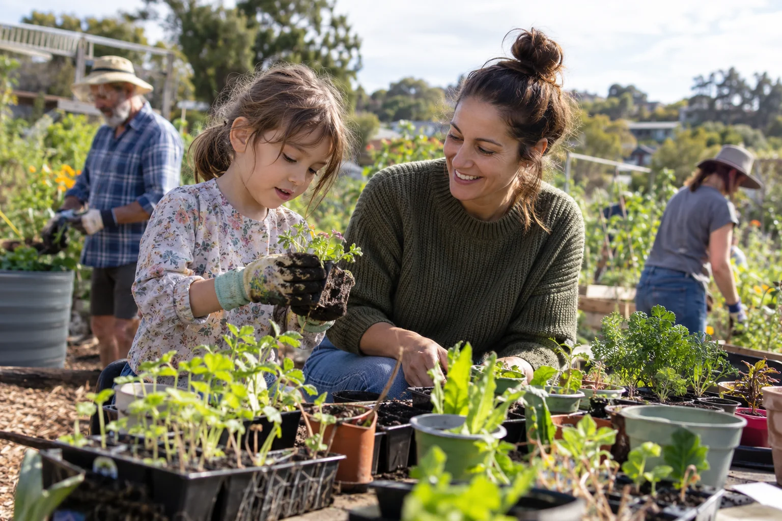 Child taking part in a community garden activity alongside a TLK Care support worker.